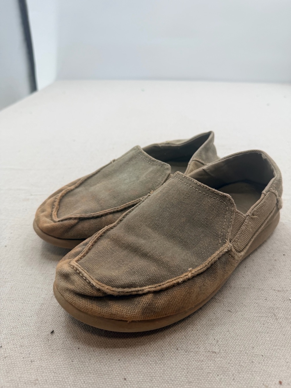 CROCS Canvas Slip-Ons in Olive and Tan